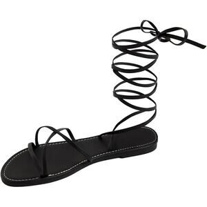 Gorglitter Womens Size 10.5 Black Faux Leather Gladiator Ankle Wrap Flat Sandals